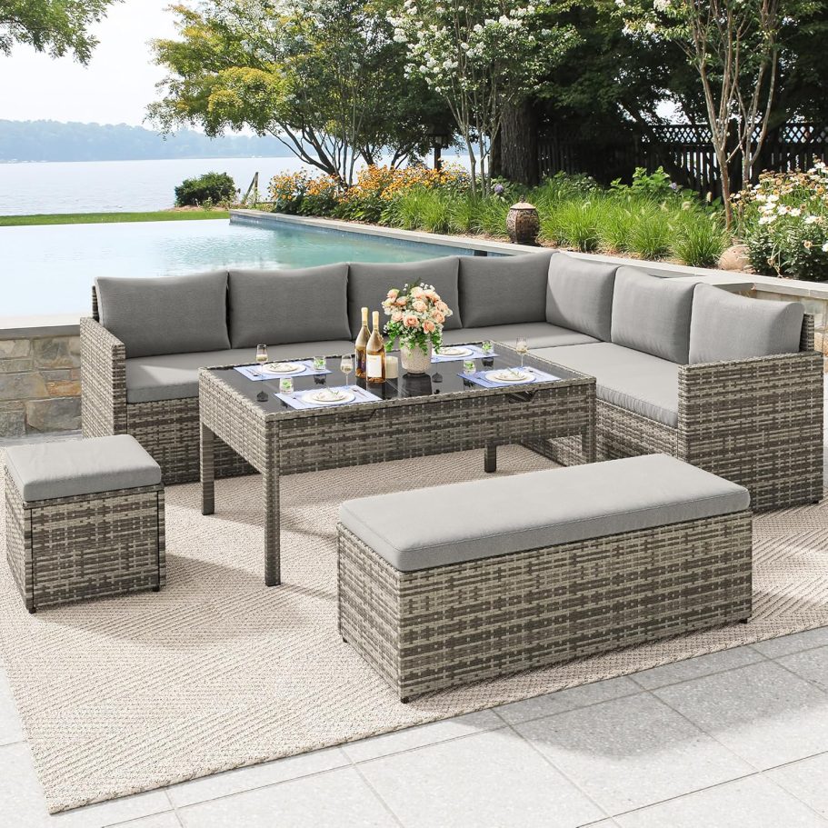 YITAHOME Patio Wicker Furniture Set, Outdoor Sectional Sofa with Stools and Lift-Top Coffee Table 6-Piece, All-Weather Conversation Set for Garden, Backyard, Grey - Image 6