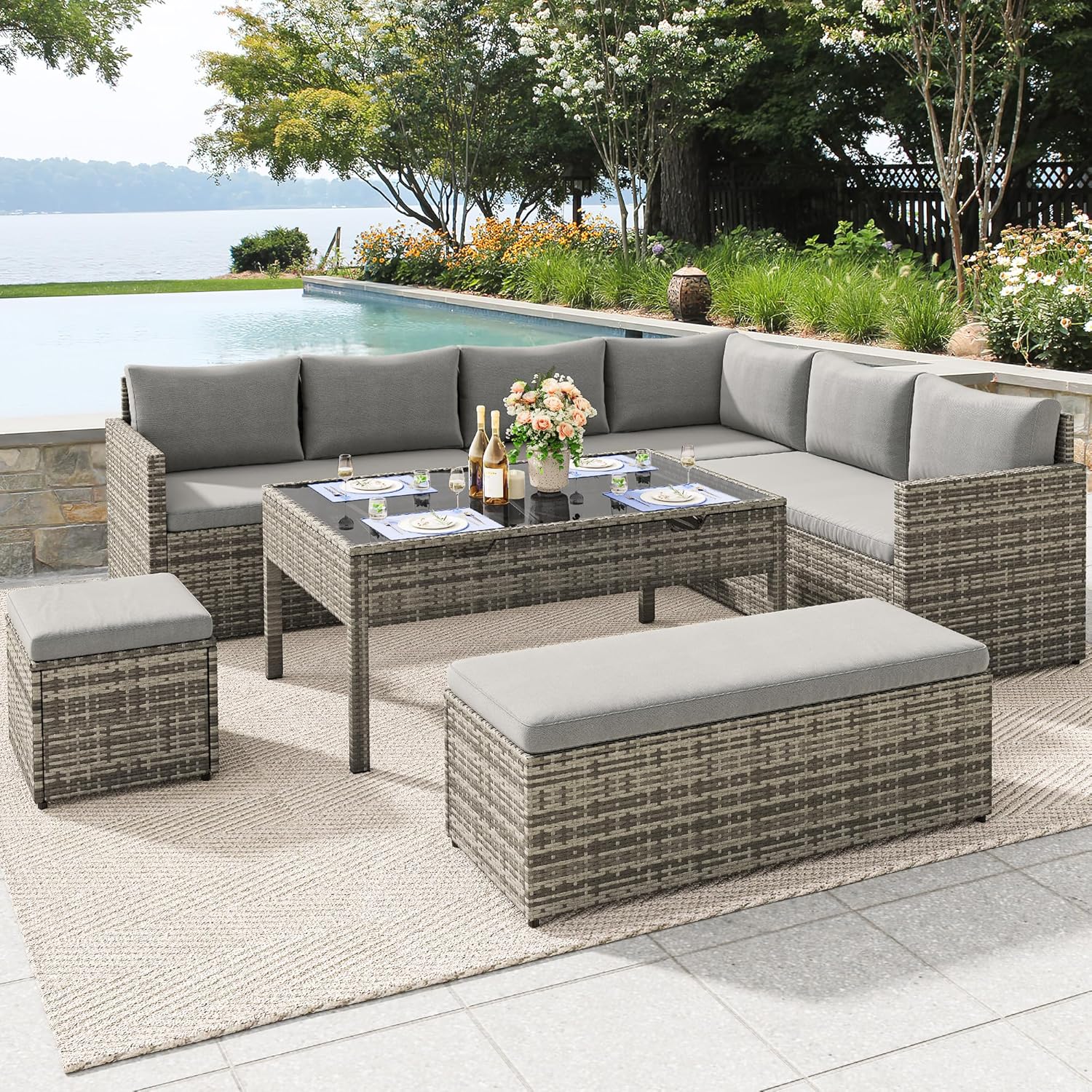 YITAHOME Patio Wicker Furniture Set, Outdoor Sectional Sofa with Stools and Lift-Top Coffee Table 6-Piece, All-Weather Conversation Set for Garden, Backyard, Grey - Image 6