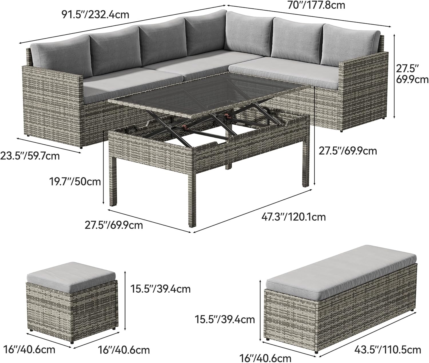 YITAHOME Patio Wicker Furniture Set, Outdoor Sectional Sofa with Stools and Lift-Top Coffee Table 6-Piece, All-Weather Conversation Set for Garden, Backyard, Grey - Image 7