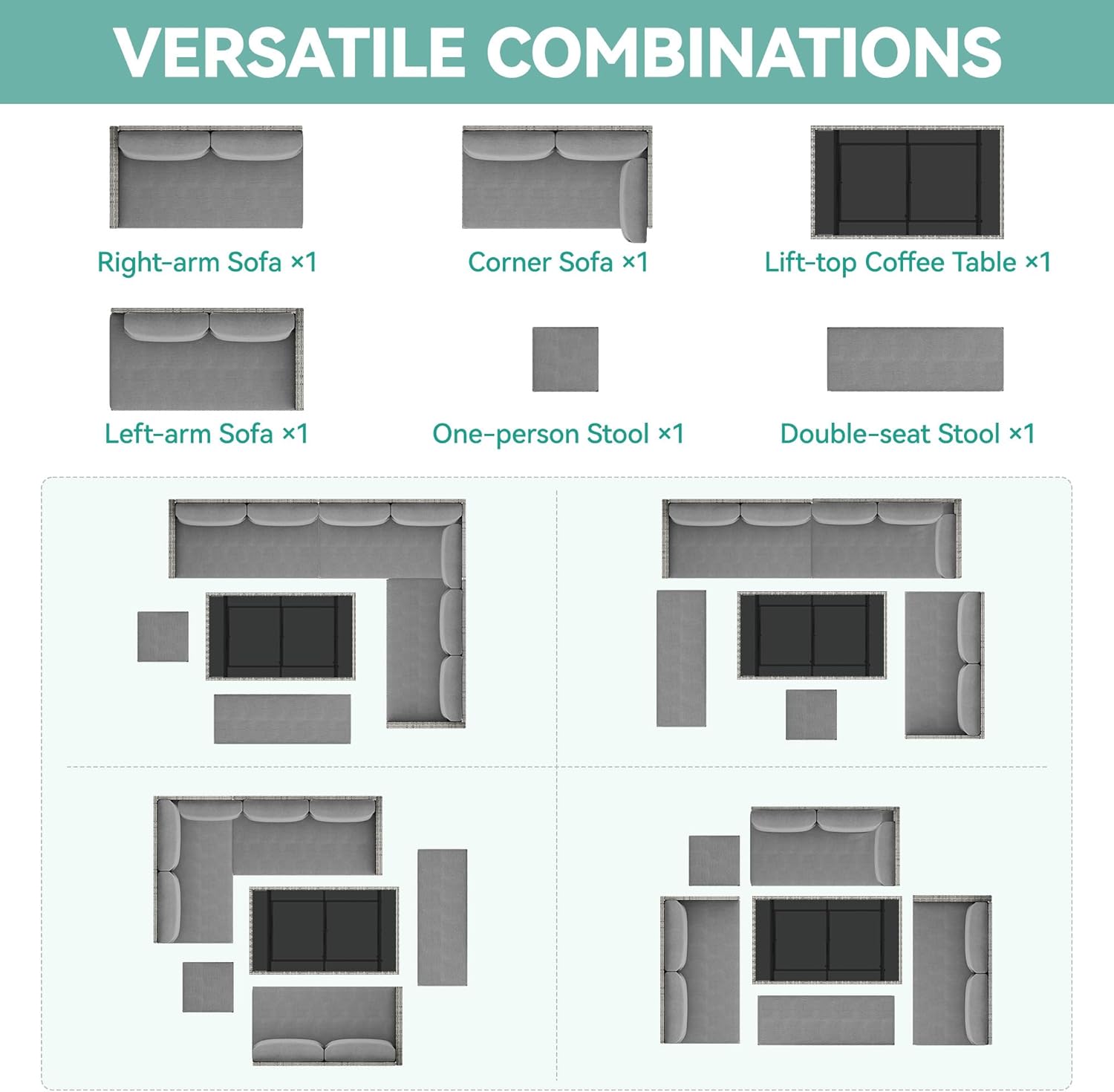 YITAHOME Patio Wicker Furniture Set, Outdoor Sectional Sofa with Stools and Lift-Top Coffee Table 6-Piece, All-Weather Conversation Set for Garden, Backyard, Grey - Image 9
